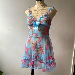 Floral Print Front Bow Ruffle Hem Mesh Cami Nightdress